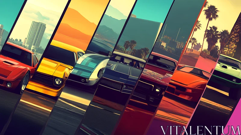 Sunlit muscle cars line up in bold, colorful city slices