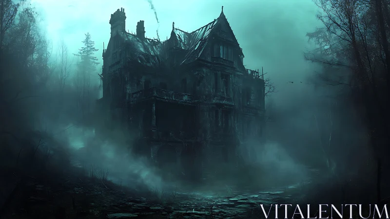 Old multi-story manor stands in dense fog within sparse forest