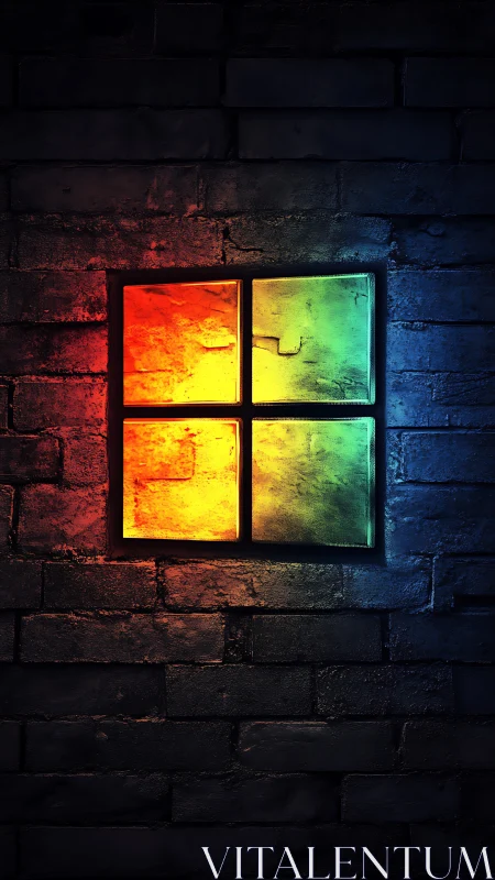 Colorful glowing window icon warms a dark brick wall