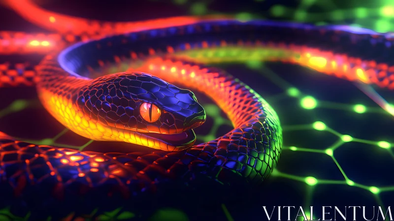 Neon snake on glowing grid background, digital art with vivid colors. Neon snake on glowing grid background, digital art with vivid colors.