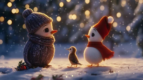 Stylized winter birds converse in softly lit snowy landscape