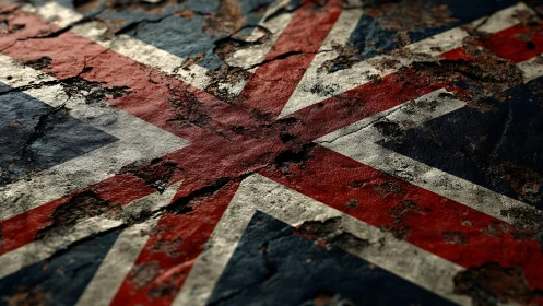Weathered Union Jack in peeling, corroded surface detail.