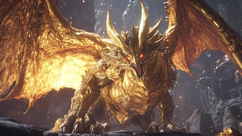 Golden dragon guardian spreads blazing wings in the cavern