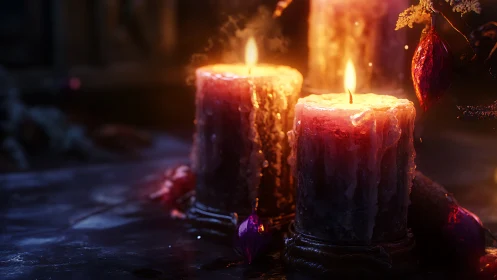 Close view of melting pillar candles on reflective surface.