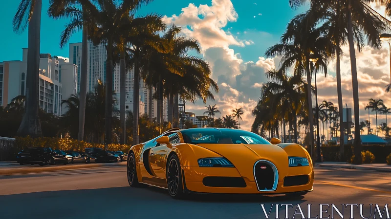 Low-angle hypercar portrait under tropical sunset lighting
