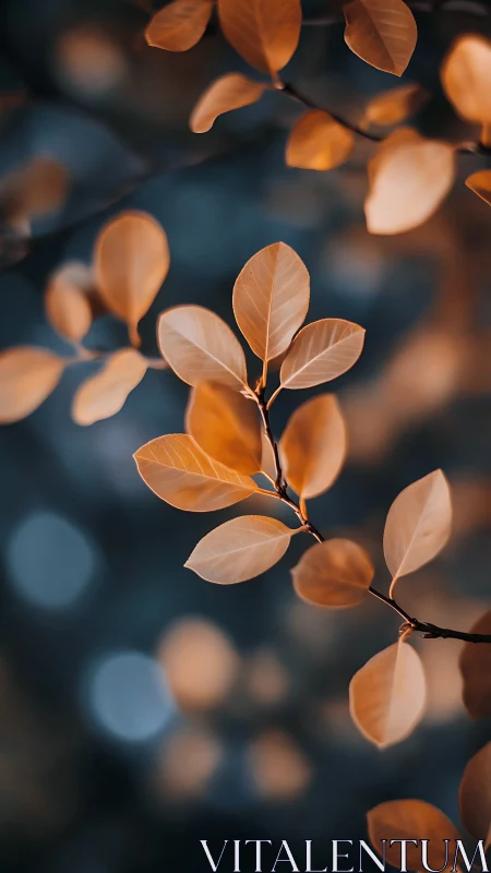 Copper leaves drift gently through a twilight bokeh hush