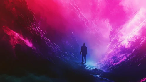 Silhouette walks neon canyon under radiant magenta sky.