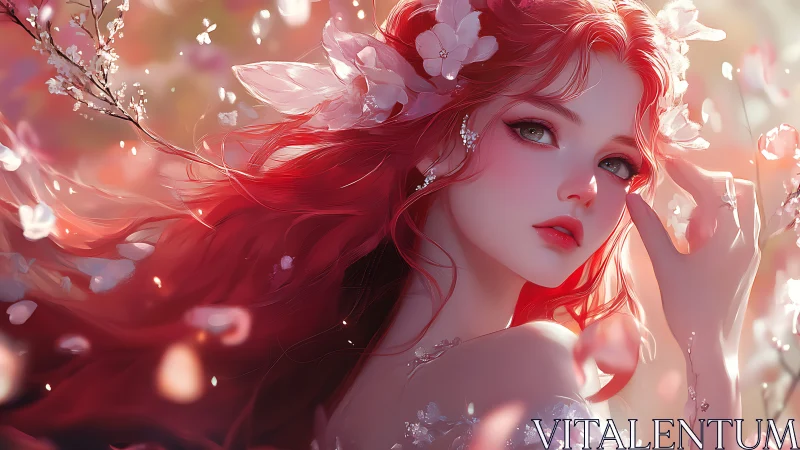 Digital painting portrait with floral, red-haired composition.