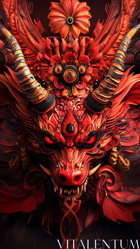 Digital render depicts symmetrical ornate red dragon mask