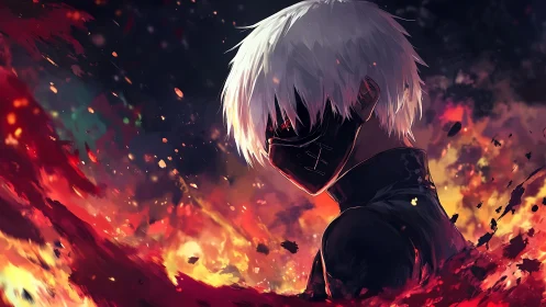 Masked white haired figure in flames and swirling embers