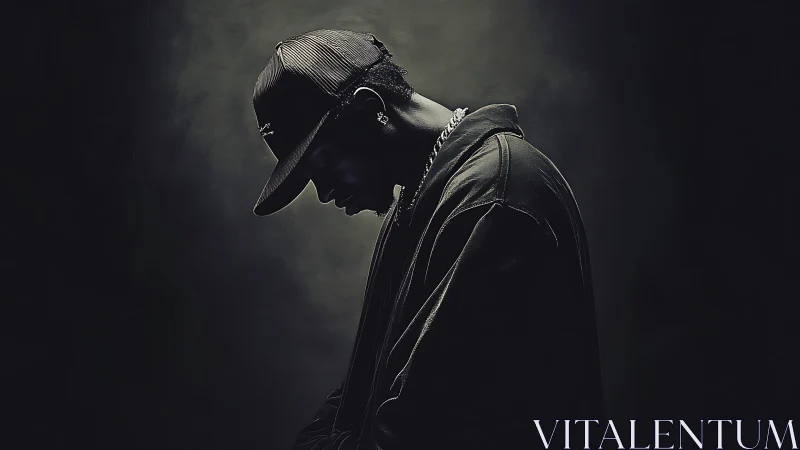 Moody low key portrait of hooded man in profile silhouette.