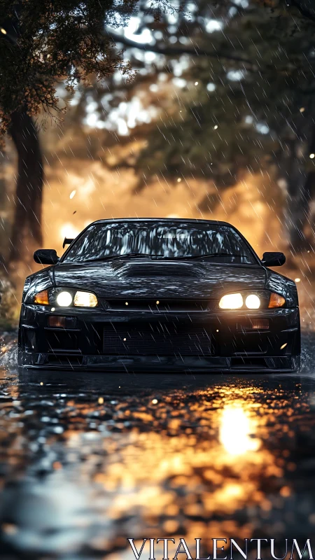 Midnight sports car cruising through a rainy forest road.