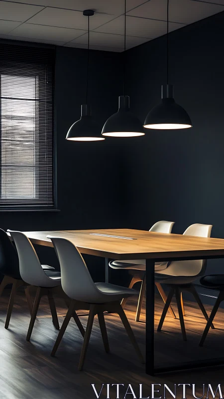Modern conference room table under three pendant lights