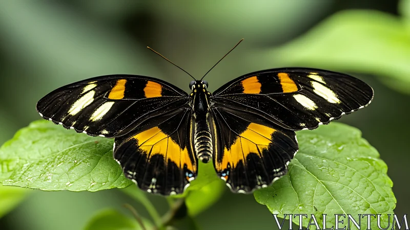 Macro study of black and orange butterfly on green foliage