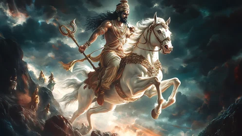 Storm-riding warrior king astride a luminous celestial steed.