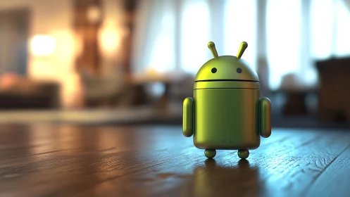 Shiny green android mascot guarding a cozy living room floor.