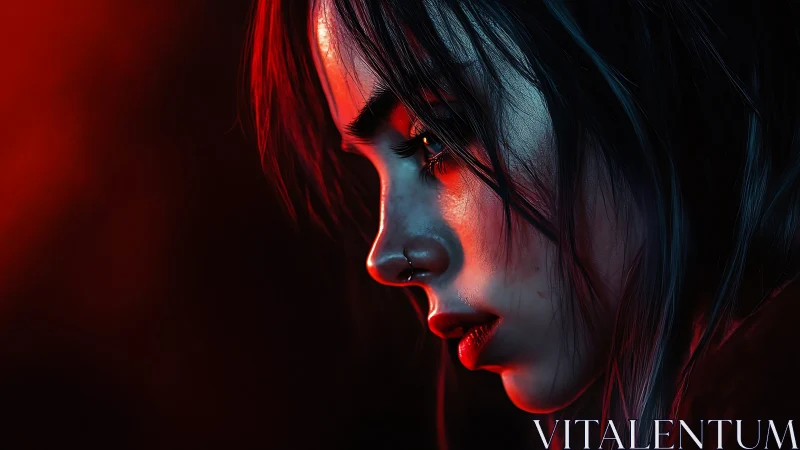 Moody side portrait glows in dramatic red and blue light.