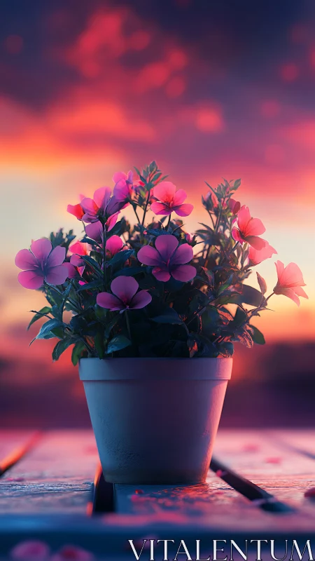 Potted Cosmos Flowers Silhouetted Against Luminous Sunset Sky