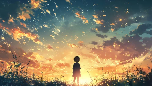 Silhouetted child under blazing twilight sky horizon.