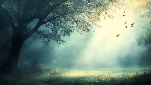 Luminous forest glade with volumetric mist and avian motion field.