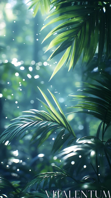 Sunlit Palm Fronds with Bokeh Light Particles