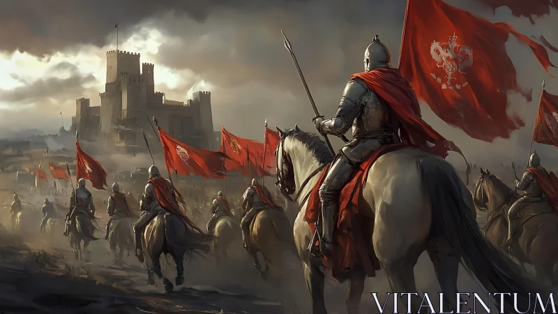 Armored cavalry advances toward fortified castle under banners