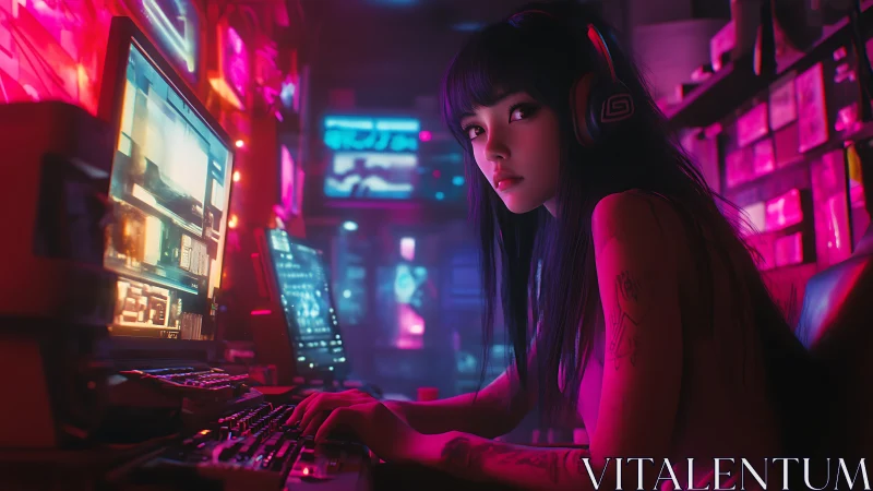 Cyberpunk gamer at neon-lit workstation studies tactical display