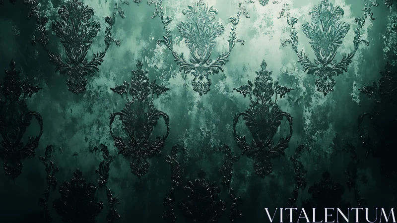 Ornate teal damask pattern glows with moody metallic texture.