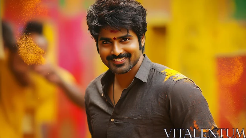 Man with colored powder on shirt in vibrant outdoor scene.