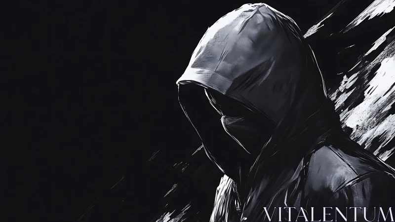 Hooded shadowed figure emerges from stark monochrome void.