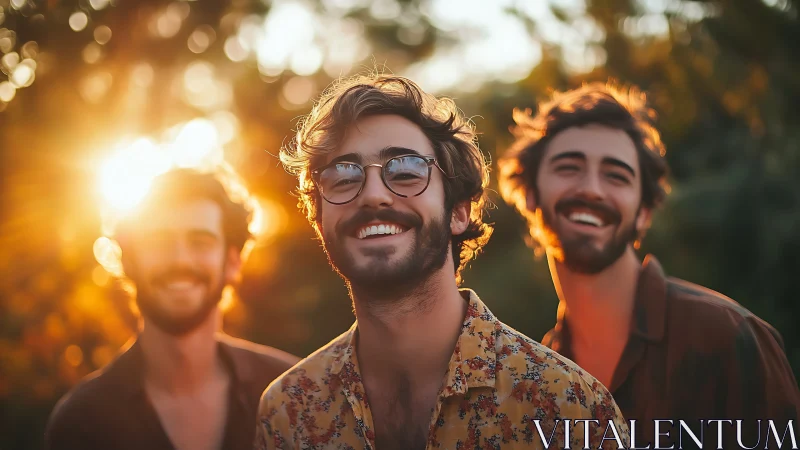 Sunlit trio of laughing friends in golden hour haze.