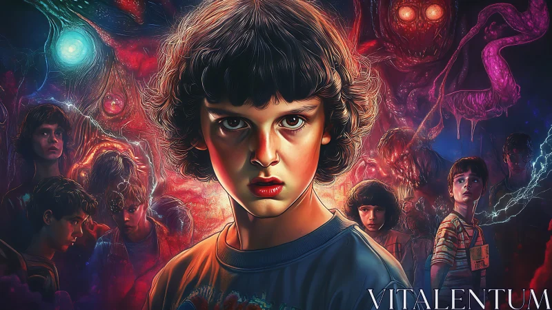 Central child portrait framed by neon-lit cosmic horror entities