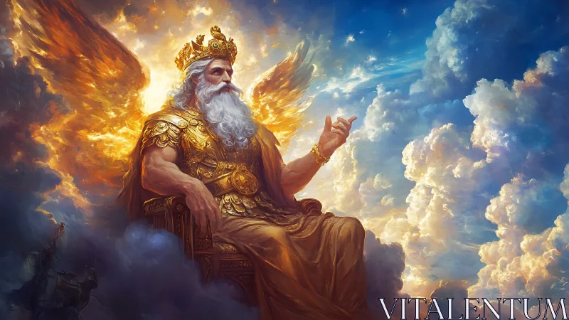 Majestic sky-throned deity in gilded armor amid volumetric clouds