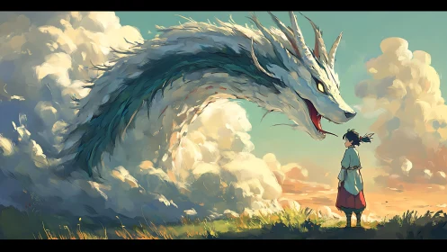 Young wanderer meets sky dragon in a glowing cloudscape