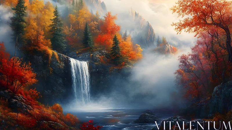 Digital painting of misted autumn waterfall in mountain gorge.