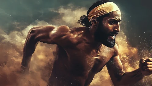 Muscular runner in motion through swirling dust cloud.