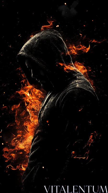 Hooded silhouette engulfed in dynamic particle fire field.