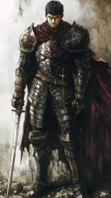 Battle-worn dark knight in bloodstained full plate armor.