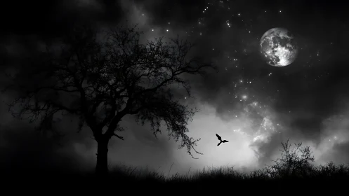 Solitary tree frames full moon above night meadow