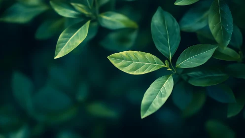 Luminous green leaves suspended over deep teal shadows.