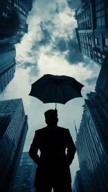 Silhouette Sentinel: Umbrellaed resolve amid urban titans.