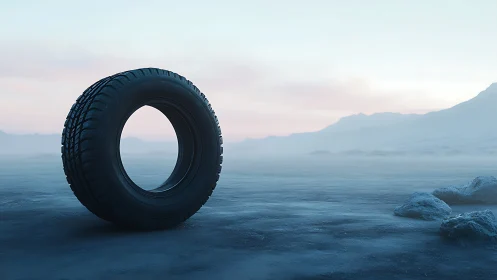Solitary all-terrain tire in misty frozen landscape study.