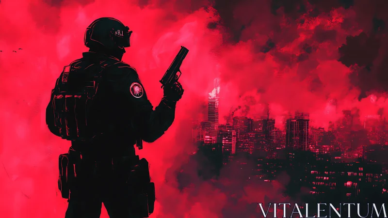 Armored tactical operator surveys smoke-obscured cyberpunk skyline
