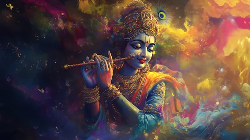Celestial flute player drifting through swirling cosmic color.