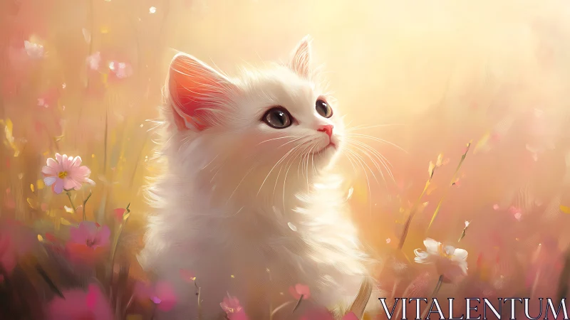 Alabaster Kitten Dreams Among Blushing Blooms.