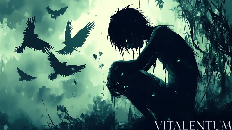 Shadowed dreamer curls inward while midnight crows rise