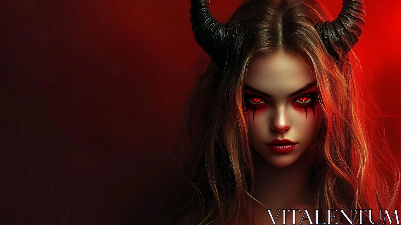 Horned female figure with red eyes against red backdrop.