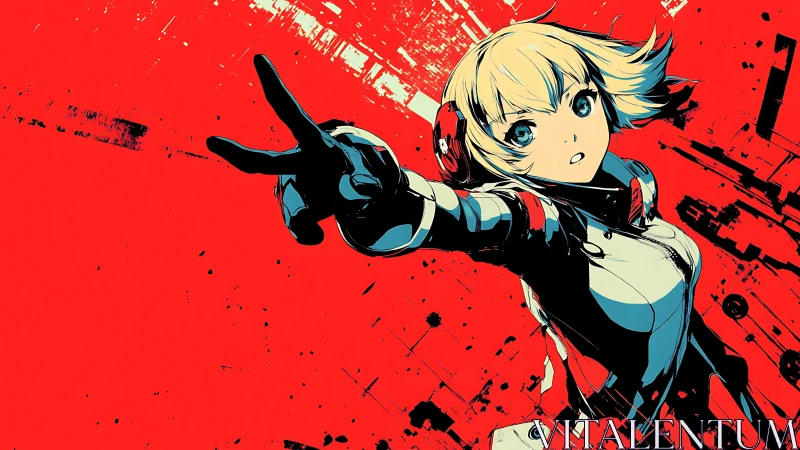 Anime android girl in dynamic pose on red field.