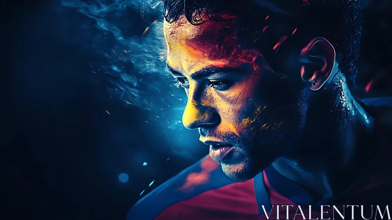 Intense male athlete portrait in vivid neon lighting.