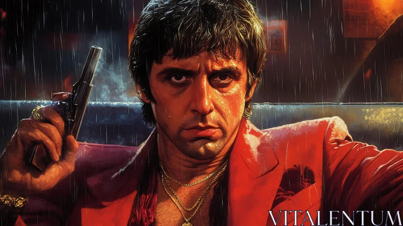 Hyperreal rain-soaked gunslinger in saturated neon chiaroscuro.